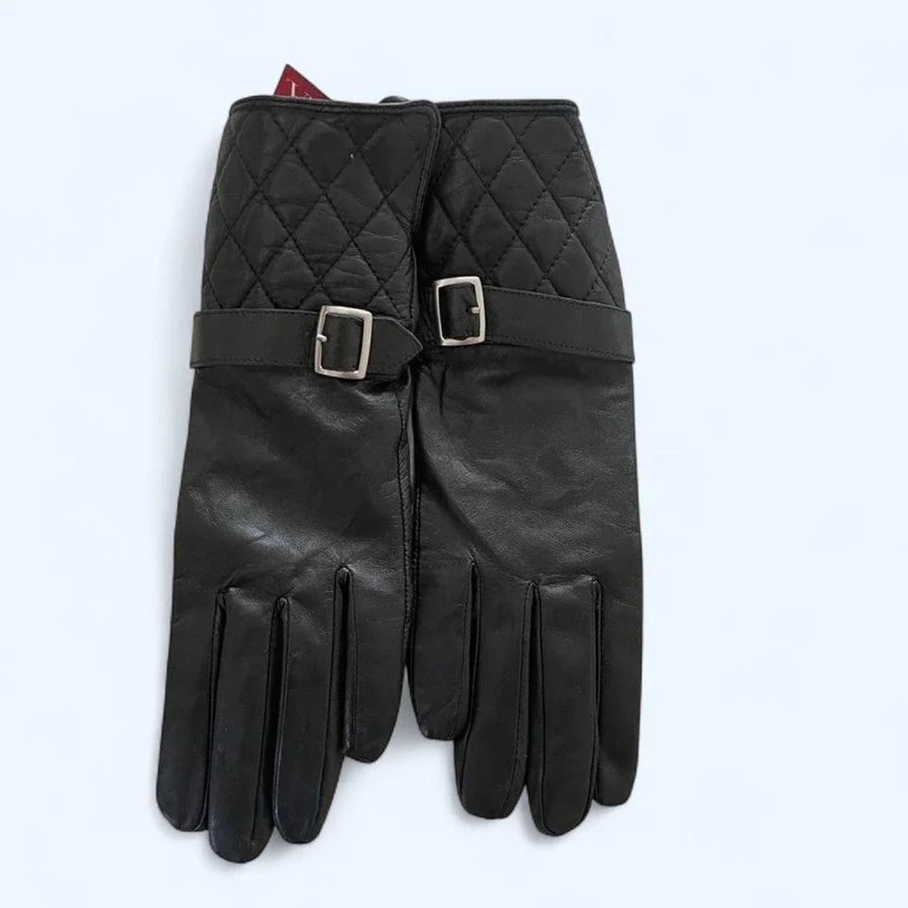 Black leather lined gloves with buckle detail size S/M